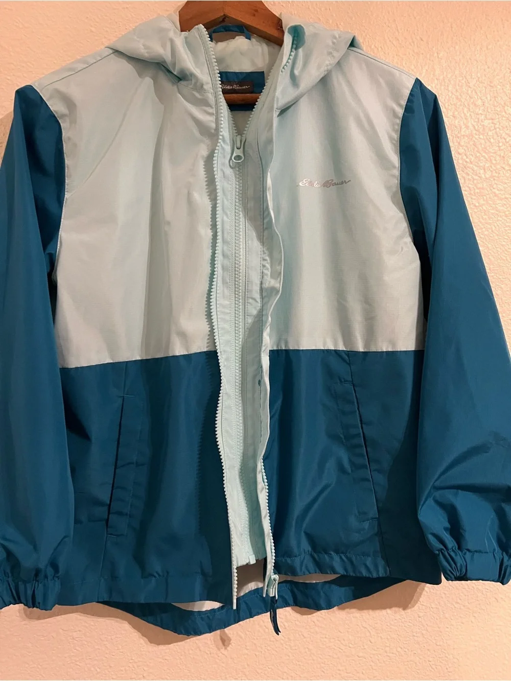 Eddie Bauer Kids Two-Tone Light Teal and Dark Teal Hooded Rain Jacket